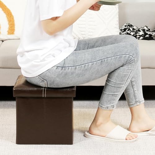 B FSOBEIIALEO Storage Ottoman Cube, 11.8" Faux Leather Footrest Chest,Brown - Image 4