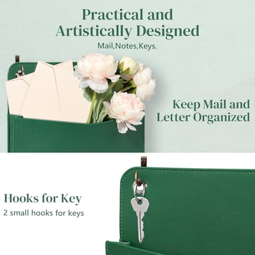 Wall Mount Green Faux Leather PU Leather Mail Holder Letter Holder Stylish Wall Hanging Mail Storage 2 Ring 9.8" x 7.7" x 1.4" File Organizer for Flowers Envelope Key Notebooks Home Office Decor - Image 6