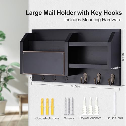 Lwenki Mail and Key Holder – Wall Mount Key Hanger with Shelf and 7 Metal Hooks – Decorative Natural Paulownia Wood Entryway Organizer with Mounting Hardware (16.5”W x 8.7”H x 3.5”D) (Black) - Image 6