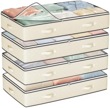 Budding Joy 4 Pack Under Bed Storage Containers with Clear Lids, Beige | Underbed Storage Bags for Blankets, Towels, Comforter, Sweaters, Linen Sheets, Wrapping Paper by BuddingJoy-BuildaJoyfulLifeforYou