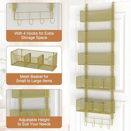 VyGrow Over The Door Organizer, Metal Door Organizer Hanging with 5 Adjustable Baskets and Coat Hook, Behind The Door Storage for Bedroom Closet Bathroom Pantry Cabinet Kitchen, Gold - Image 5