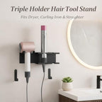 Hair Tool Organizer, Stainless Steel Hair Dryer and Straightener Holder, Curling Iron Holder Wall Mount 3-in-1 Storage for Bathroom, Hair Dryer Holder Black BANJEKT - Image 4