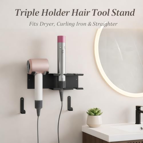 Hair Tool Organizer, Stainless Steel Hair Dryer and Straightener Holder, Curling Iron Holder Wall Mount 3-in-1 Storage for Bathroom, Hair Dryer Holder Black BANJEKT - Image 4