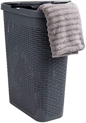 Mind Reader Slim Laundry Hamper with Lid, 40L Clothes Basket, Narrow Tapered Design with Ventilated Cutout Pattern, Plastic, Gray by MindReader