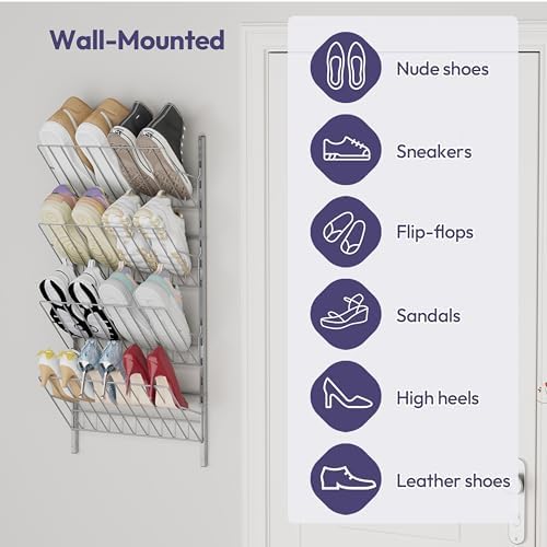 SWTYMIKI Over the Door Shoe Organizer - Adjustable 4 Tier Hanging Shoe Rack Organizer, Metal Heavy Duty Behind Door Storage or Wall Mount Shoes Shelf for Flats, Heels, Sneakers, Boots, Silver - Image 5