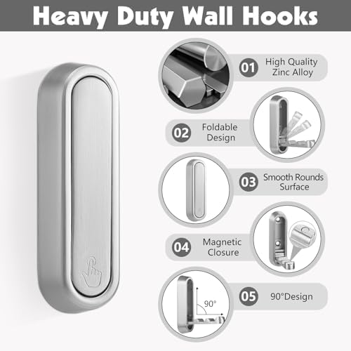 Folding Wall Hooks, 2 Pack, Silver, Zinc Alloy, Heavy Duty Coat Hooks - Image 2