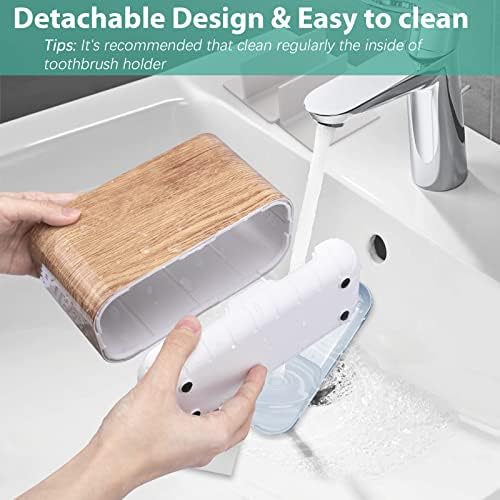Boperzi Toothbrush and Toothpaste Holder Wood Grain for Bathroom Countertop with Adjustable Dividers, Toothpaste Caddy Organizer Storage Rustic Decor Set Freestanding Anti-Slip for Shower,Family,Kids - Image 3
