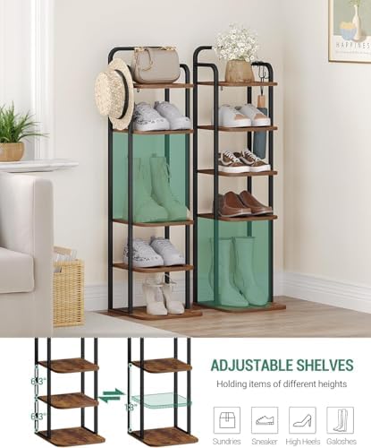 Hzuaneri 6 Tiers Vertical Shoe Rack, Narrow Shoe Tower, Tall Shoes Shelf with 2 Hooks, Adjustable Shelves, Corner Shoes Shelves for Small Spaces, Entryway, Living Room, Rustic Brown SR04201B - Image 4