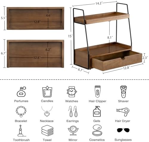 2-Tier Bathroom Countertop Organizer with Drawer, Wood Vanity Shelf Brown - Image 6