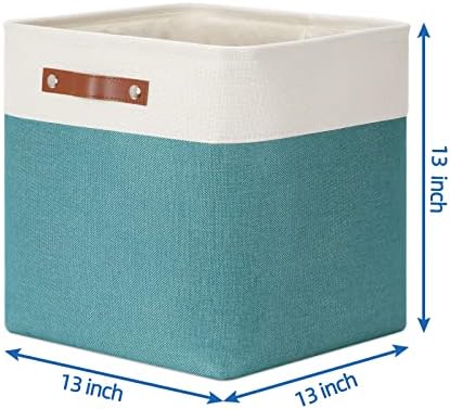 Temary Fabric Storage Cubes 13x13 Storage Baskets for Organizing, 4Pack Large Fabric Storage Bins with Handles Cube Storage Baskets for Storage Clothes, Books (White&Teal) - Image 2