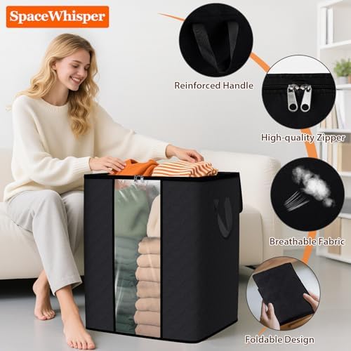 SpaceWhisper 4 Pack 100L Clothes Storage, Foldable Storage Bags, Black | Thick Fabric, Clear Window, with Reinforced Handle, for Clothing, Blanket, Comforters, Bedding Organizing - Image 3