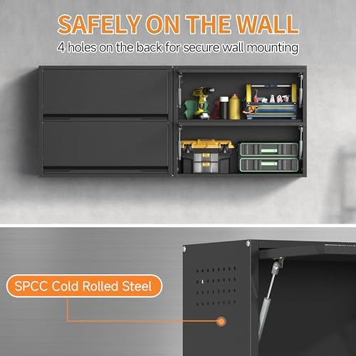Metal Garage Wall Cabinet with Up-Flip Door, Black Float Tool Cabenit with 2 Doors,Upper Storage Cabinets with Pegboard for Kitchen,Garage,Workshop,Warehouse (25.6" H,Black) - Image 7