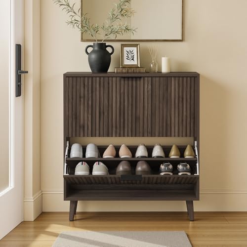 VASAGLE MAXE Collection - Shoe Storage Cabinet with 2 Flip Drawers, Freestanding Narrow Shoe Rack Organizer for Entryway, Fluted Doors, Fits 12-16 Pairs, Mid Century Modern, Walnut Brown UHSC202KF02S by Unknown
