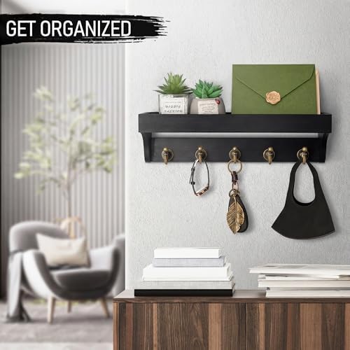 Rebee Vision Key Holder Wall Mount with Shelf & 5 Hooks for Entryway, Black - Image 4