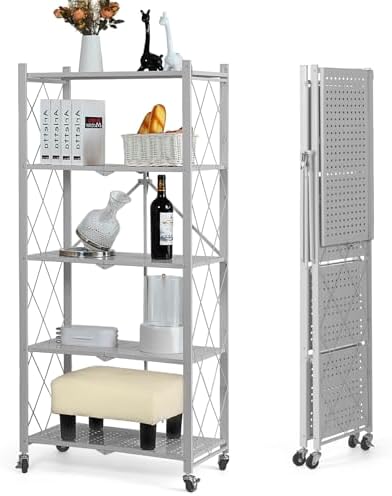 BRIAN & DANY 5-Tier Foldable Storage Shelves with Wheels, Folding Metal Rack Shelving Unit, Heavy Duty No Assembly Organizer Shelf for Garage, Kitchen, Basement, Pantry, Gray - Image 4