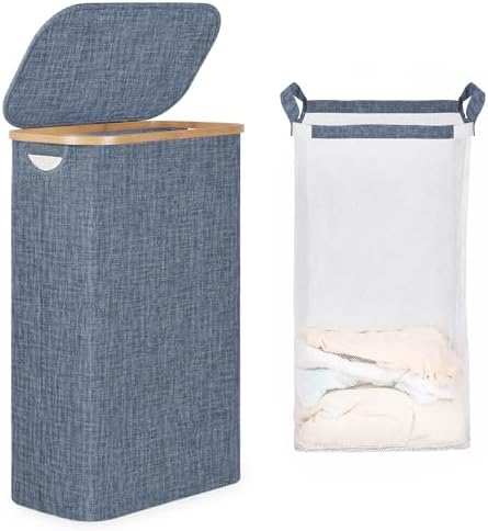 iEGrow 65L Slim Laundry Hamper, Narrow Laundry Basket with Lid,Foldable Clothes Hamper with Bamboo Handles,Hamper Basket with Removable Inner Bag for Laundry Room Bedroom College Dorm,17.17 Gals Blue by iEGrow