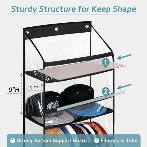 AOODA Clear Over the Door Hat Racks for Baseball Caps, Hold 48 Caps Hat Storage Organizer for Closet Wall, Deep Pockets Hanging Snapback Holder Shelves with 3 Hooks, Black - Image 3