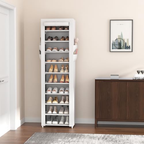 VTRIN Vertical Narrow Shoe Rack Organizer Tall Shoe Rack for Closet Entryway 10 Tier Non-Woven Cover Shoe Shelf Holds 20-22 Pairs Free Standing Shoe Storage Cabinet with Dustproof Cover, White - Image 7