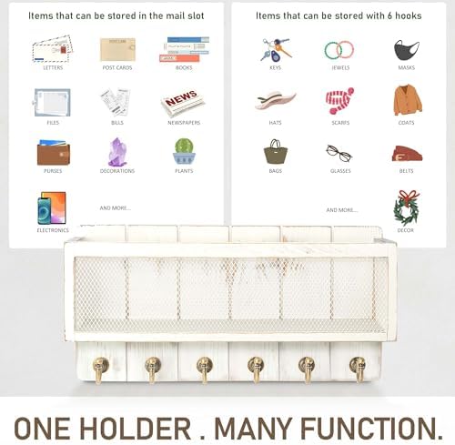 Rebee Vision Key Holder Wall Mount with Mail Basket for Entryway, Whitewash - Image 4
