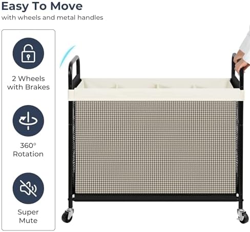 STO STO Laundry Hamper 4 Section, 140L Rolling Laundry Sorter Cart with Removable and Washable Liner Bag, Clothes Hamper with Wheels and Metal Handle for Laundry Room and Bedroom, Beige - Image 7