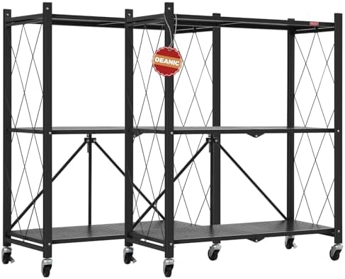 DEANIC 3 Tier Foldable Storage Shelves with Wheels, Kitchen Appliance Stand, Freestanding Metal Wire Shelf Rack, No Assembly Organizer Rolling Cart for Garage, Basement, Pantry(Black Pack of 2) by ShowNow