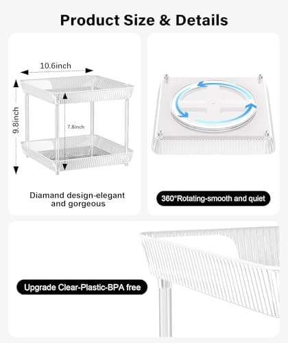 2 Tier Lazy Susan Bathroom Countertop Organizer, 360° Clear Rotating Square Storage Tray, Cosmetics and Perfume Organizer, Spinning Storage Tray Vanity Organizer Shelf for Bathroom Cabinet, Kitchen - Image 5