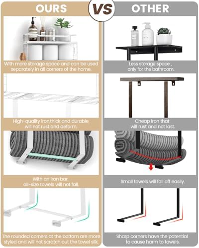 Towel Racks for Bathroom Wall Mounted - Bath Wall Towel Holder Set Above Toilet Storage, Rolled Towel Shelf Organizer for Small Bathroom All White, Wood Vertical Towel Rack for Bathroom Wall Decor - Image 4