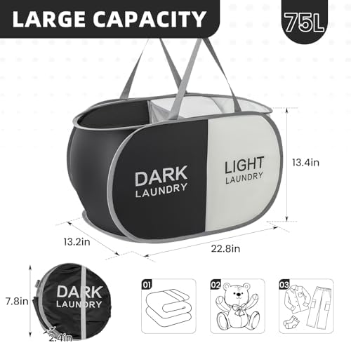 Collapsible Laundry Baskets with 2 Compartments, Black + Begie - Image 3