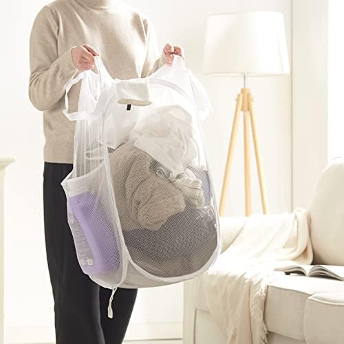 TECHMILLY Collapsible Mesh Pop Up Laundry Hamper with Sturdy Handles and Side Pocket - Portable Foldable Clothes Baskets for Dorm, Bathroom & Travel Storage (White, 3 Packs) - Image 5