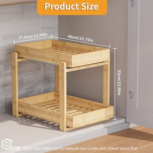 Bamboo Under Sink Organizer 2 Tier Pull Out Cabinet Storage Drawer - Image 2
