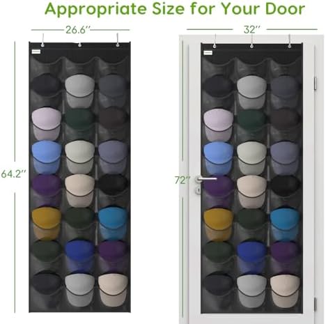 Baseball Hat Rack, 24 Pocket Over-The-Door Hat Organizer with Clear Deep Pockets to Display Baseball Caps Collection, Complete with 3 Over Door Hooks (Black, 24 Pockets) - Image 5