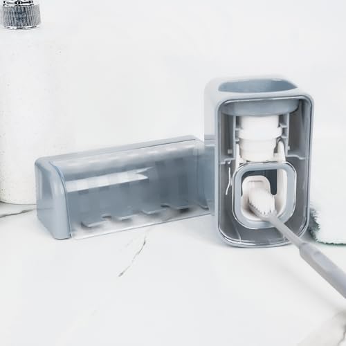 5 Slots Wall Mount Toothbrush Holder with Cover, Self Adhesive Toothbrush Storage Organizer for Shower, Toothbrush Hanger with Automatic Toothpaste Squeezer Dispenser (Grey) - Image 5