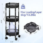 TOOLF 3 Tier Foldable Rolling Cart, Metal Utility Storage Cart, Black | Assembly-Free, Lockable Wheels, Round Trolley Organizer for Bathroom, Kitchen, Office, Dorm, Laundry, Craft Room - Image 2
