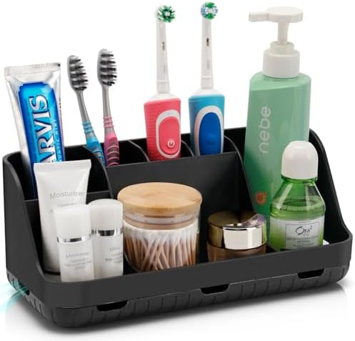 GFWARE Black Toothbrush Holder - 7 Slots Bathroom Organizer Countertop with Drainage Matte Black Electric Toothbrush and Toothpaste Holder for Bathroom Accessories Organization Vanity Sink Storage by GFWARE