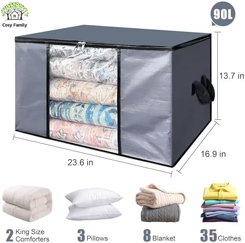 Cosy Family 12 Pack 90L Heavy Duty Extra Large Moving Bags with Reinforced Handle - Strong Handles & Zippers, Storage Totes For Space Saving, Fold Flat, Alternative to Moving Box, Grey - Image 2