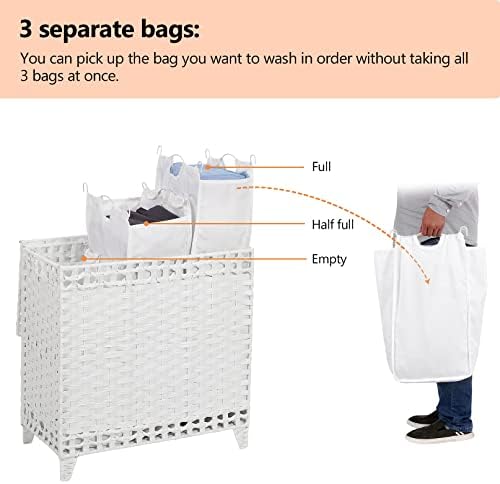 Laundry Hamper with 3 Removable Liner Bags, 132L Laundry Sorter with Lid - Image 3
