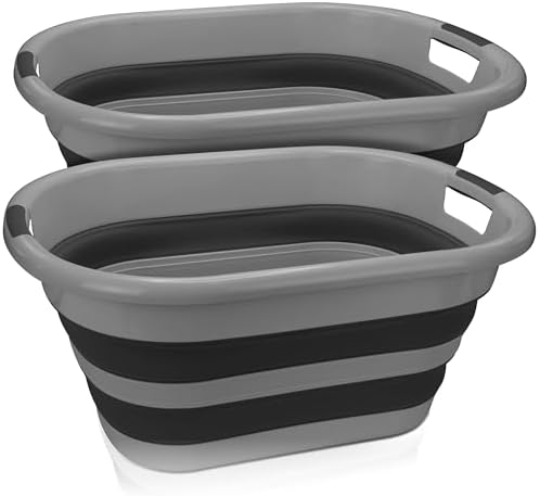 BROOKSTONE Collapsible Laundry Basket Set, Modern Extra Large Collapsible Basket Set, Comfort Non-Slip Grip Handles, Minimalist Space Saving Design, Portable Pop-Up Hamper, BPA FREE, Dark Grey, 2 PACK by Unknown