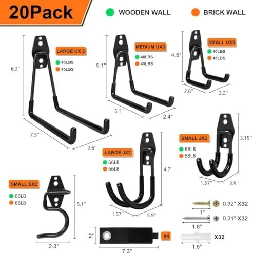 Heavy Duty Garage Hooks Storage, Anti-Slip Steel Wall Mount Multi-Size Utility Hangers Organizer for Ladders, Bikes, Garden Tools, Hose with 32 Screws Hardware Kit (Black, 20 Pack) - Image 2