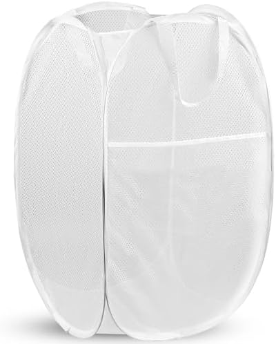 Pop Up Laundry Hamper, 70 L Collapsible Mesh Basket with Side Pocket, White by Unknown