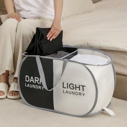 Collapsible Laundry Baskets with 2 Compartments, Black + Begie - Image 2