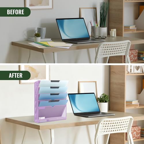 EASEPRES 6 Tier Mesh Hanging Wall File Organizer, Desk Vertical Mail Paper Document Folder Holder Rack with Bottom Tray and Nametag Label for Office Home School, Light Purple - Image 5