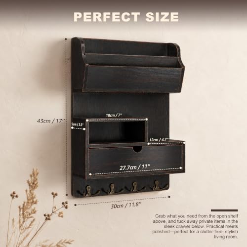 Rebee Vision Pine Wood Key Holder Wall Mount with Drawer, Distressed Black - Image 2