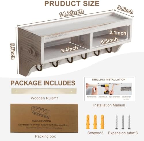 Key Holder Wall Mount with Mail Organizer, 6 Hooks & Shelf, White - Image 6