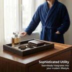 Wooden Valet Tray with Leather Base - Nightstand Catchall Organizer for Cologne, Perfume, Keys, Wallet, Phone, Watch, Jewelry & Sunglasses (Llight Gray) - Image 3