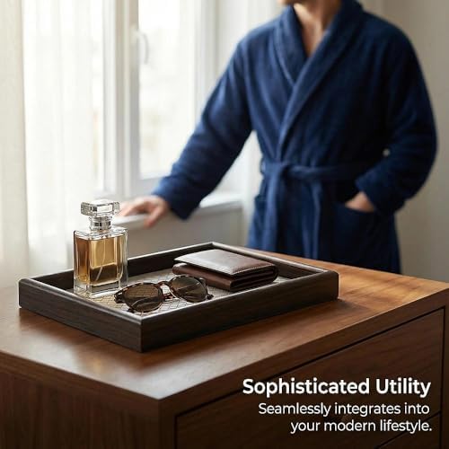 Wooden Valet Tray with Leather Base - Nightstand Catchall Organizer for Cologne, Perfume, Keys, Wallet, Phone, Watch, Jewelry & Sunglasses (Llight Gray) - Image 3