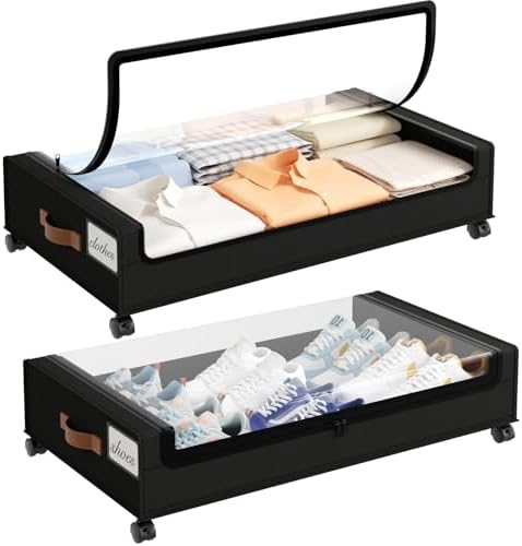 Yecaye 60L Under Bed Storage with Wheels, 2 Pack, Black | 360° Rolling Wheels, Clear Lids & Label, Reinforced Handle, Rolling Metal Drawers for Clothes, Blankets, Shoes in Bedroom by Yecaye