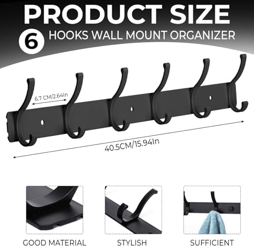 Wall Mount Coat Rack 2 Pack, Black Coat Hooks Hanger with 6 Double Hooks - Image 2
