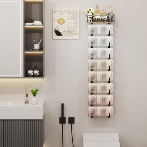 SWTYMIKI Hanging Towel Racks for Bathroom - 9 Tier Over the Door & Wall Mounted Bath Rolled Towel Storage Organizer Holder for Small Bathroom, RV, Camper, Black (Patented) - Image 4