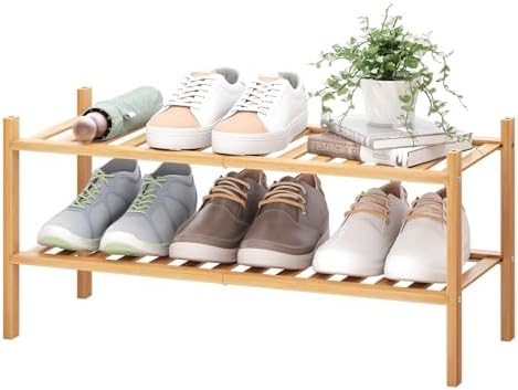 BMOSU 2-Tier Bamboo Shoe Rack Premium Stackable Shoe Shelf Storage Organizer for Hallway Closet Living Room Entryway Organizer (Natural Bamboo) by BMOSU