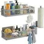 PUSDON 5-in-1 16.5" Extra Long Slim Wall Mount Wrapped Mesh Kitchen Organizer & Shower Caddy Kit, with Paper Towel Holder, Utensil Holder, Soap Dish, Holds 50LBS - Silver Gray, Netting - Image 5